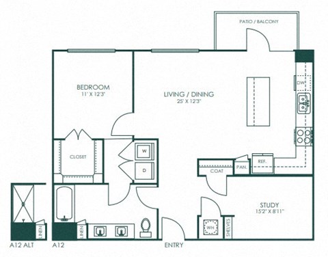 Floor plan for 1 bed, 1 bath, 986 sqft